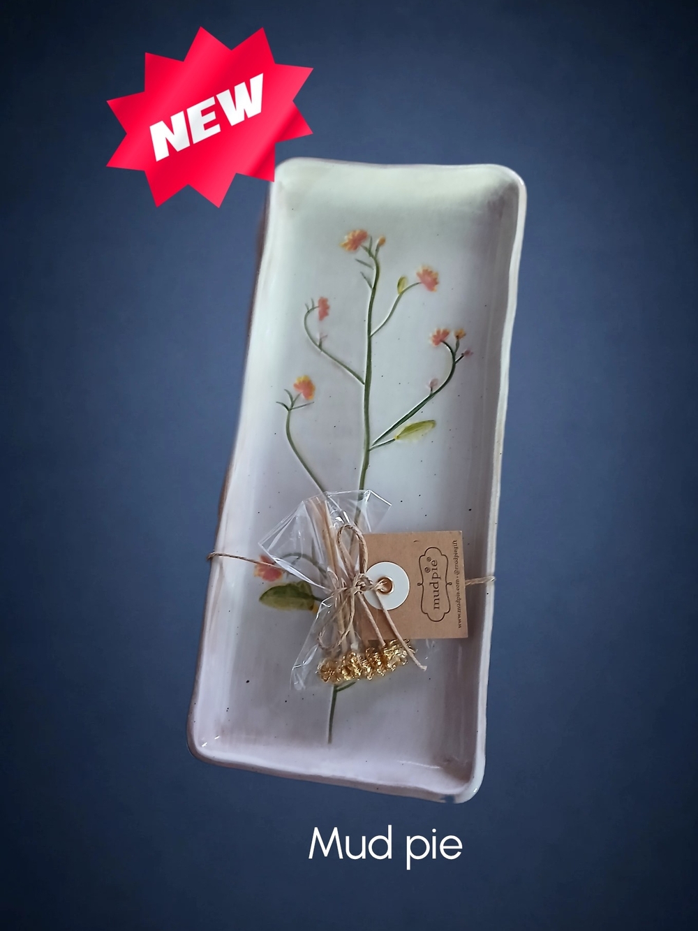 Mud Pie White Ceramic Rectangular Tray with Hand-Painted Pink Floral Motif
